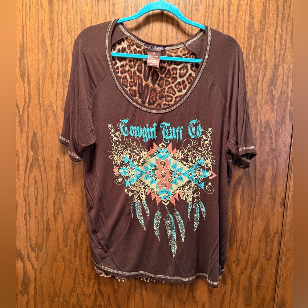 Leopard Print Cowgirl Tuff Co. Brown Graphic Women's Top